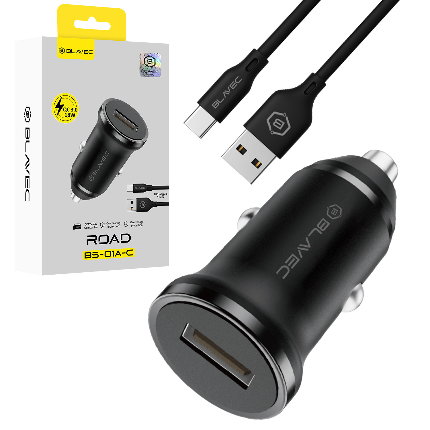 Blavec Car charger BS-01A-C Road - USB - QC 3.0 18W with USB to Type C cable (CCBS01ACR-UB) black