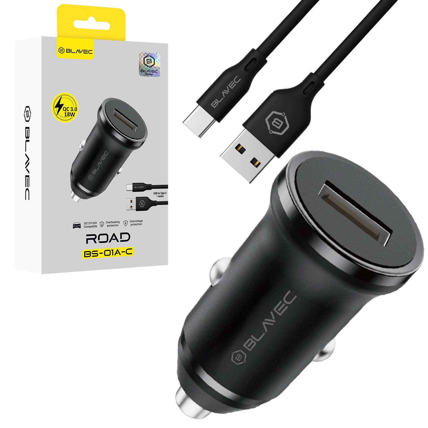 Blavec Auto lādētājs BS-01A-C Road - USB - QC 3.0 18W ar USB to Type C cable (CCBS01ACR-UB) melns