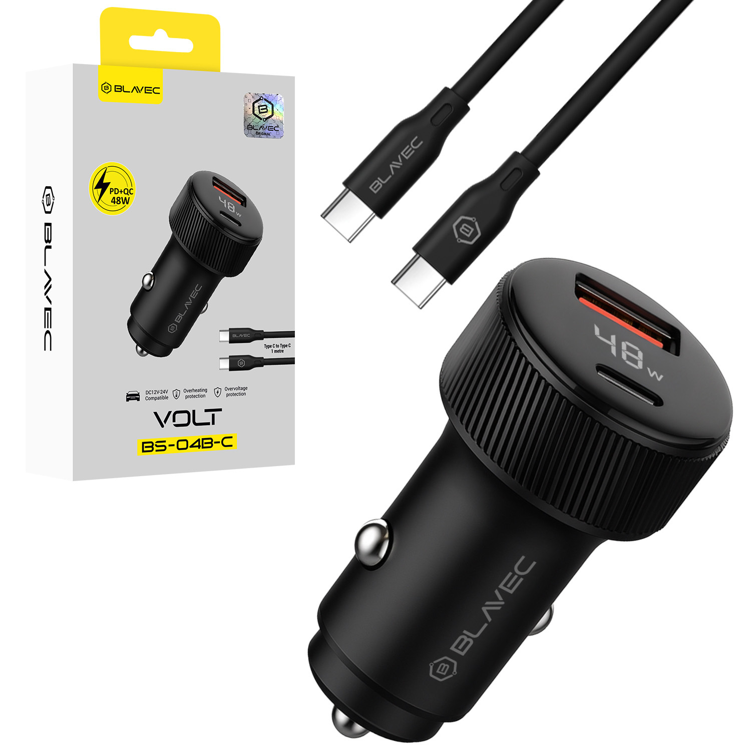 Blavec Auto lādētājs BS-04B-C Volt - USB + Type C - QC 3.0 18W PD 30W ar Type C to Type C cable (CCBS04BCV-UCB) melns