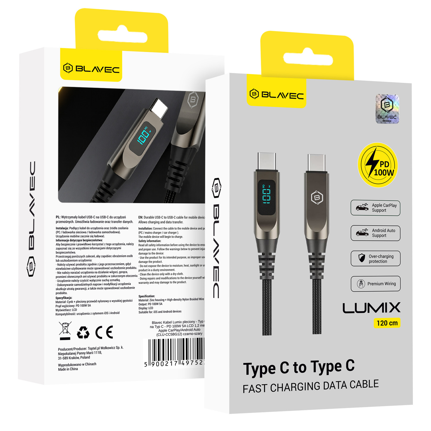 Blavec Kabelis Lumix pīts - Typ C na Typ C - PD 100W 5A LED display 1,2 metra Apple CarPlay/Android Auto (CLU-CC5BG12) melns-pelēks