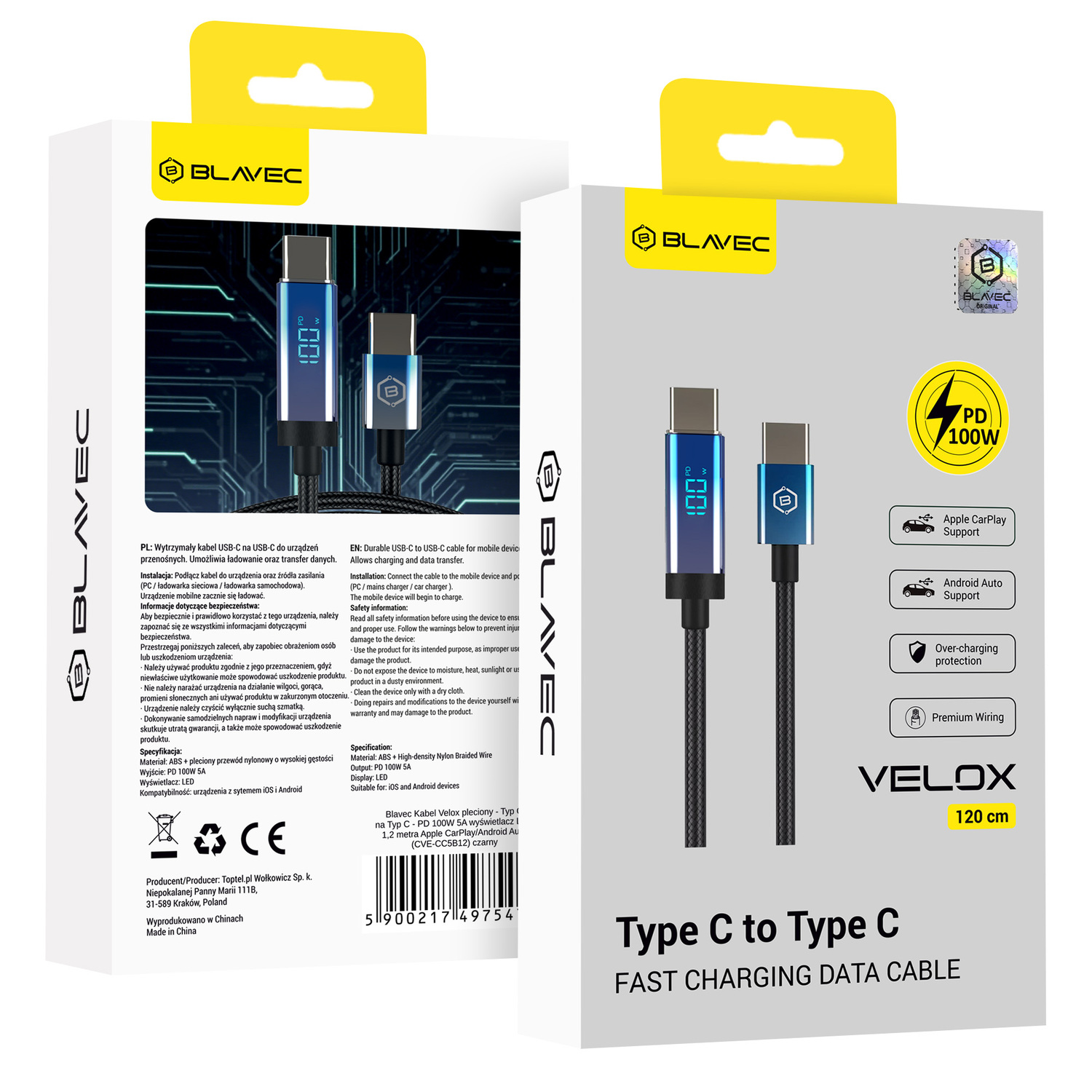 Blavec Kabel Velox pleciony - Typ C na Typ C - PD 100W 5A LED display 1,2 metra Apple CarPlay/Android Auto (CVE-CC5B12) black