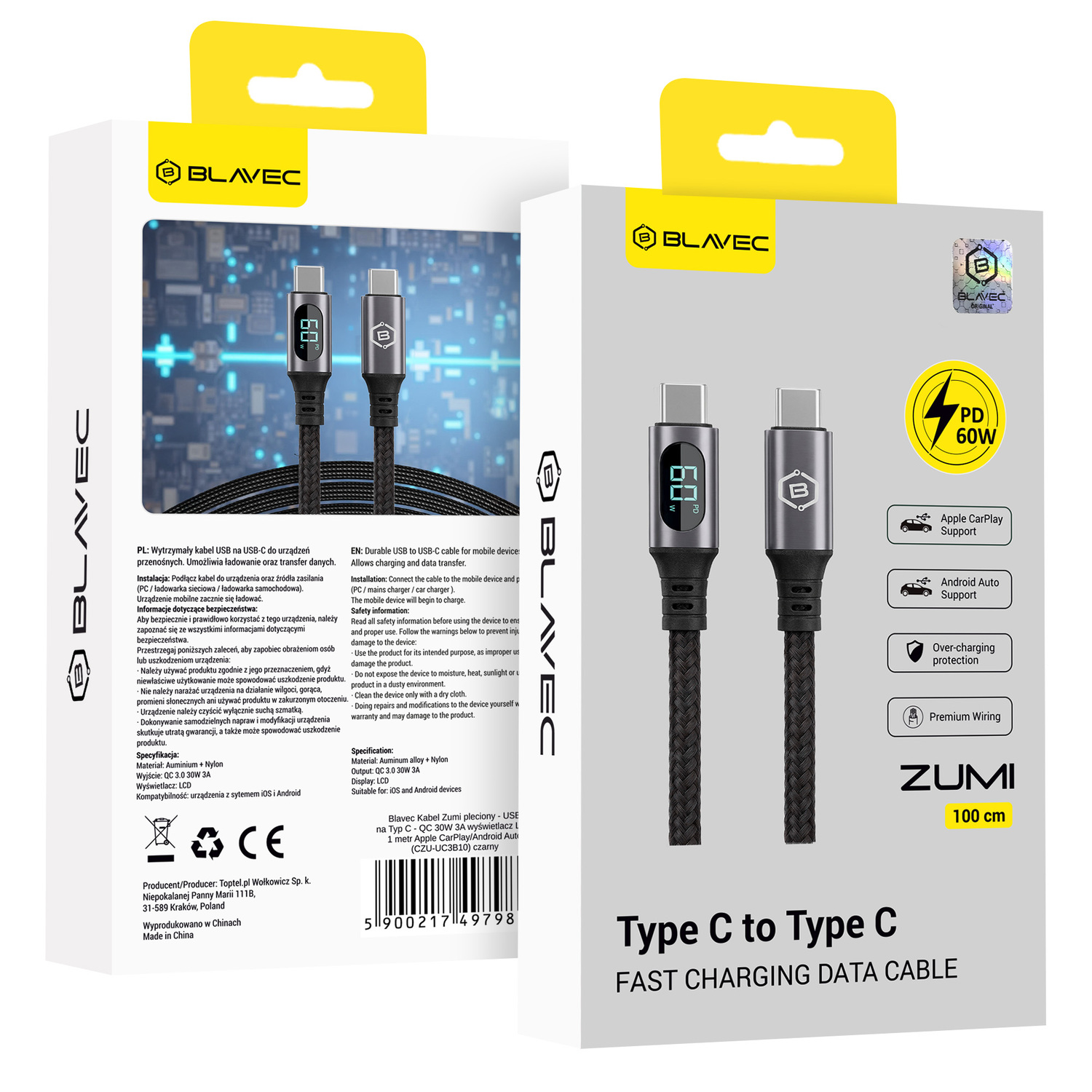 Blavec Zumi pīts kabelis Type C - Type C PD 60W 3A ar LCD displeju 1m Apple CarPlay/Android Auto melns