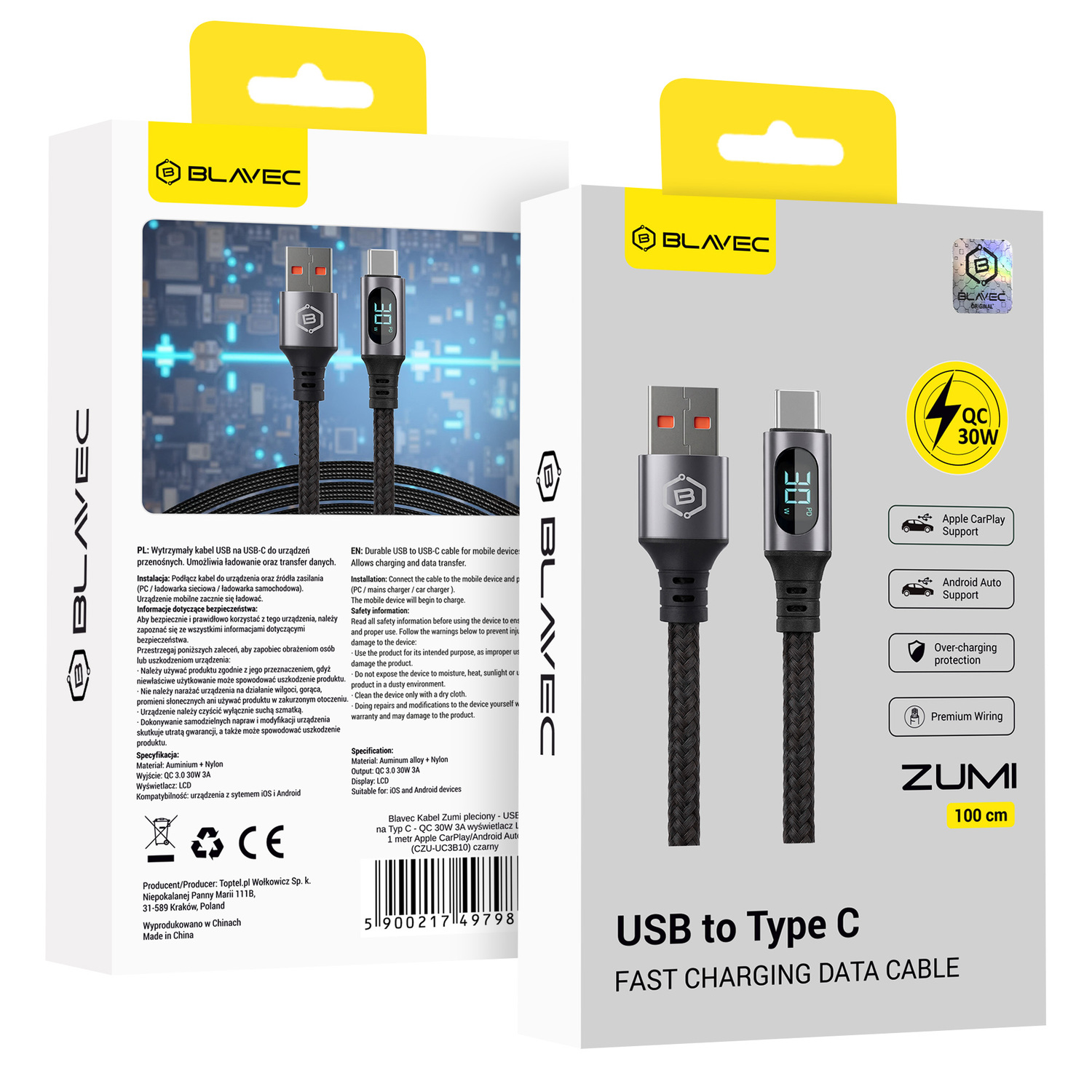 Blavec Zumi pīts kabelis USB - Type C QC 30W 3A ar LCD displeju 1m Apple CarPlay/Android Auto melns