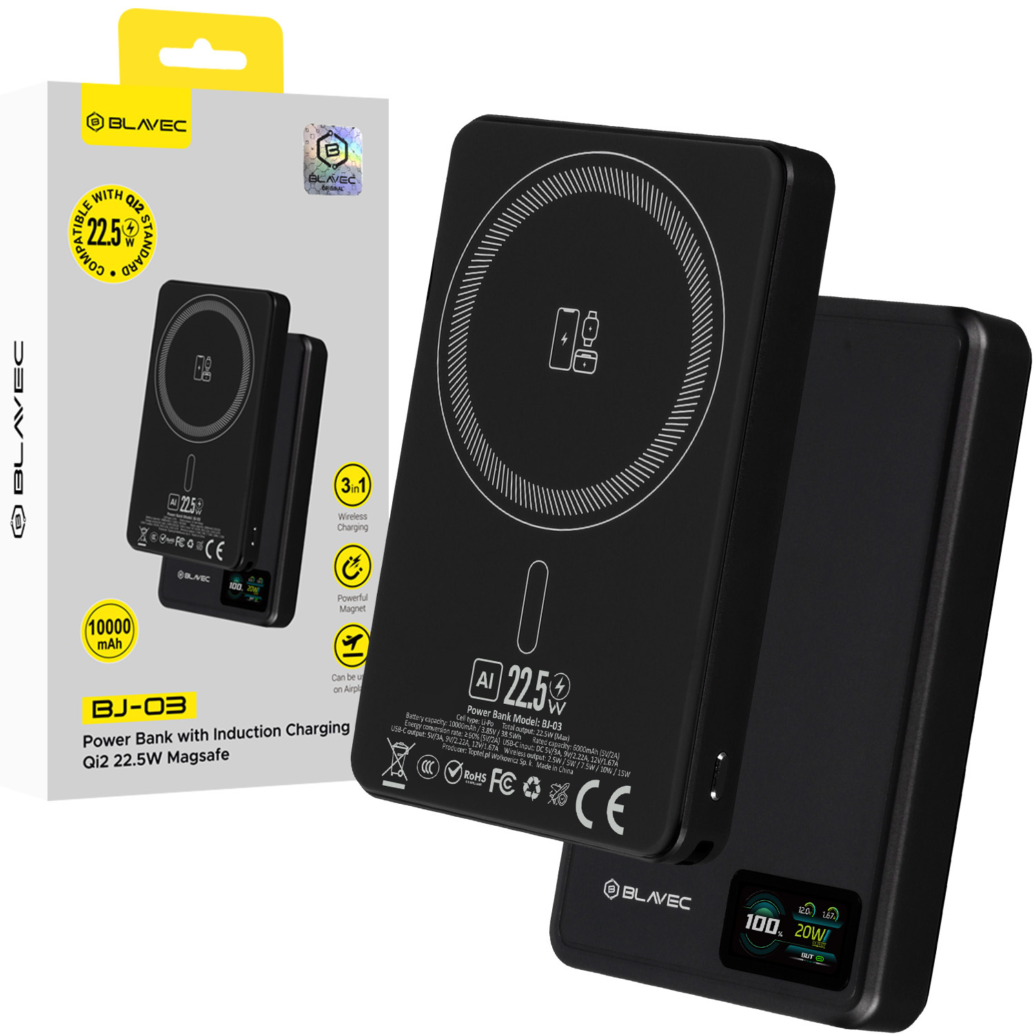 Blavec portatīvais lādētājs 10000mAh BJ-03 Slim 13,5mm - Type C - 22,5W magnētisks Magsafe 3 in 1 (PBBJ03-MC10B) melns alumīnijs