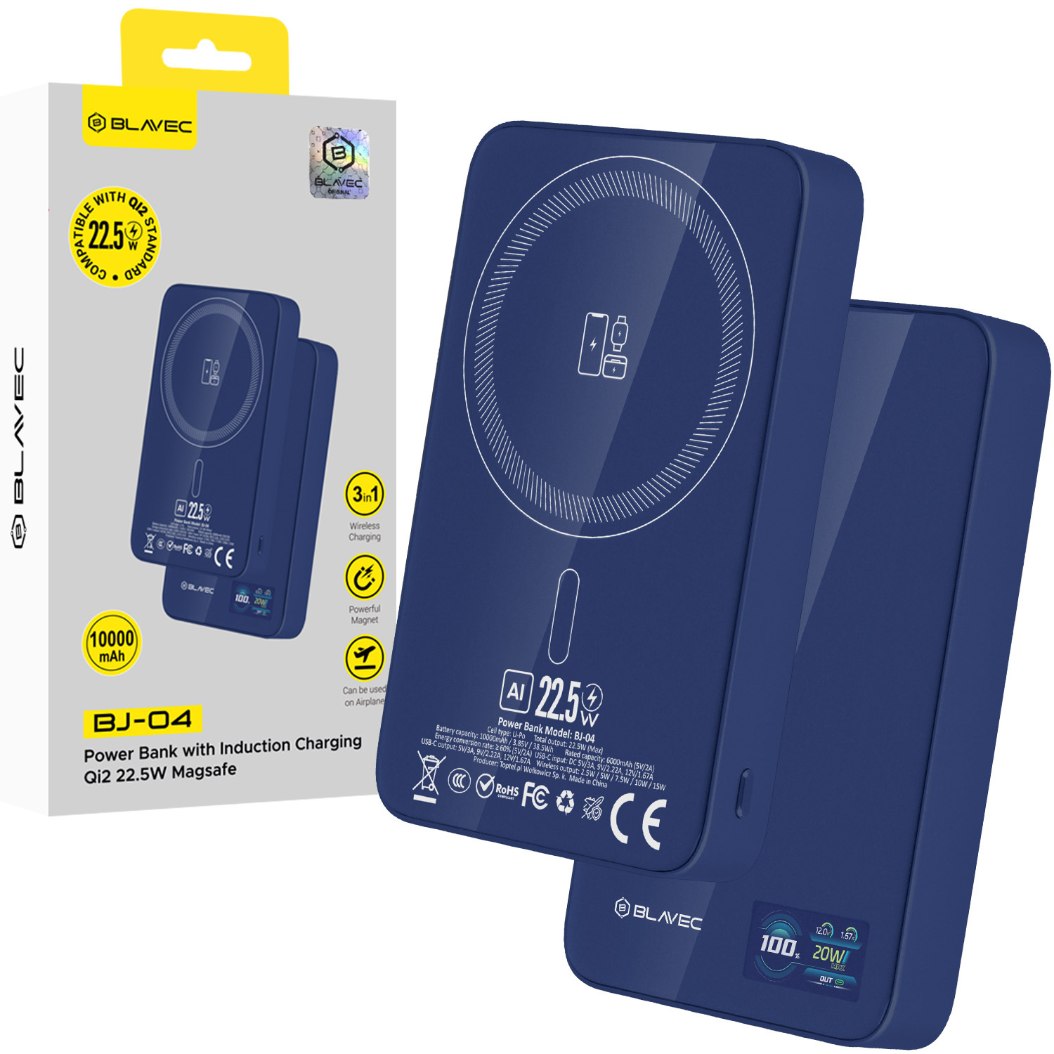 Blavec portatīvais lādētājs 10000mAh BJ-04 Slim 13,5mm - Type C - 22,5W magnētisks Magsafe 3 in 1 (PBBJ04-MC10N) tumši zils stikls