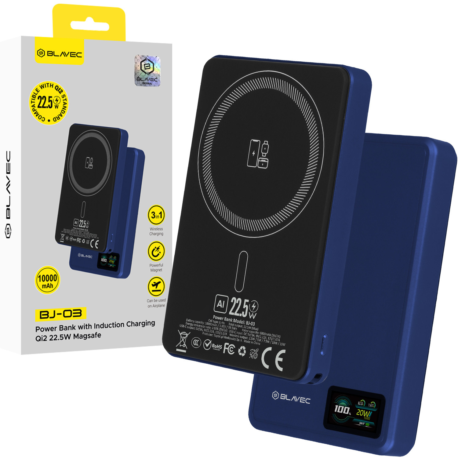 Blavec portatīvais lādētājs 10000mAh BJ-03 Slim 13,5mm - Type C - 22,5W magnētisks Magsafe 3 in 1 (PBBJ03-MC10N) tumši zils alumīnijs