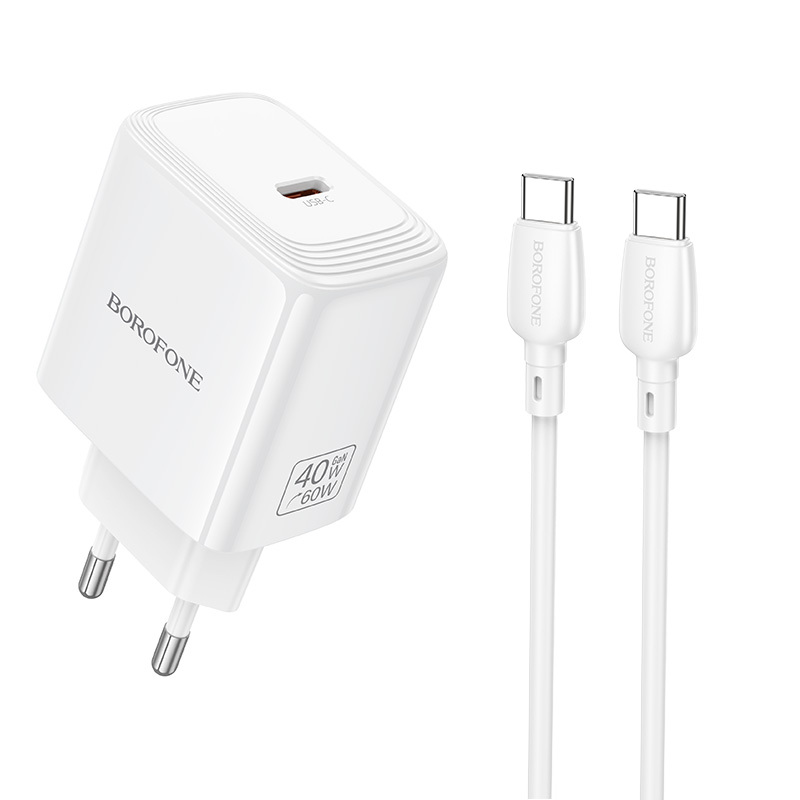Borofone BN33 Fuente GaN USB-C tīkla lādētājs QC3.0 PD 40W ar USB-C kabeli balts