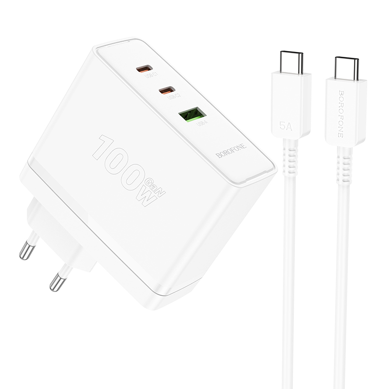 Borofone sienas lādētājs BN11 Imperial - USB + 2xType C - QC 3.0 PD 100W ar Type C uz Type C kabeli balts