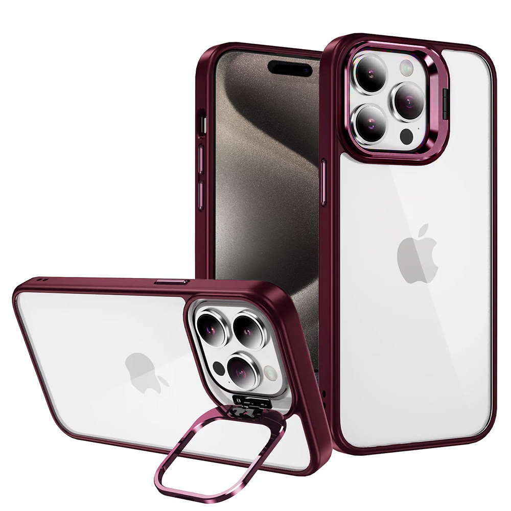 Tel Protect Viedtālruņa apvalks ar statīvu + kameras stikls Iphone 15 Pro bordo