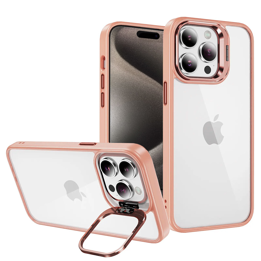 Tel Protect Viedtālruņa apvalks ar statīvu + kameras stikls Iphone 15 Pro gaiši rozā