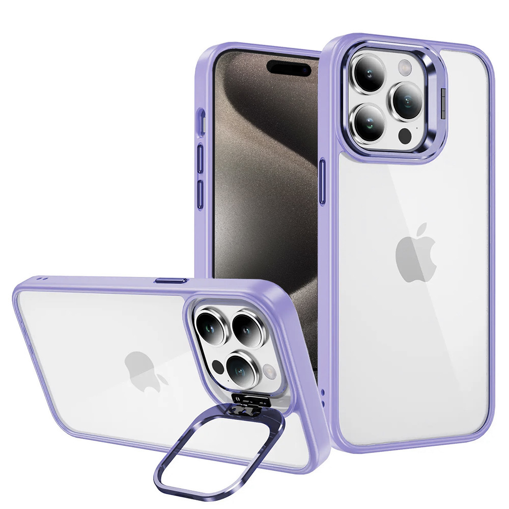 Tel Protect Viedtālruņa apvalks ar statīvu + kameras stikls Iphone 15 Pro Max gaiši violeta
