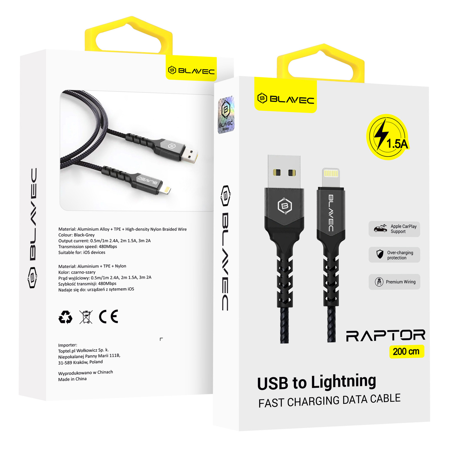 Blavec kabelis Raptor pīts - USB uz Lightning - 1,5A 2 metri Apple CarPlay (CRA-UL15BG20) melns-pelēks