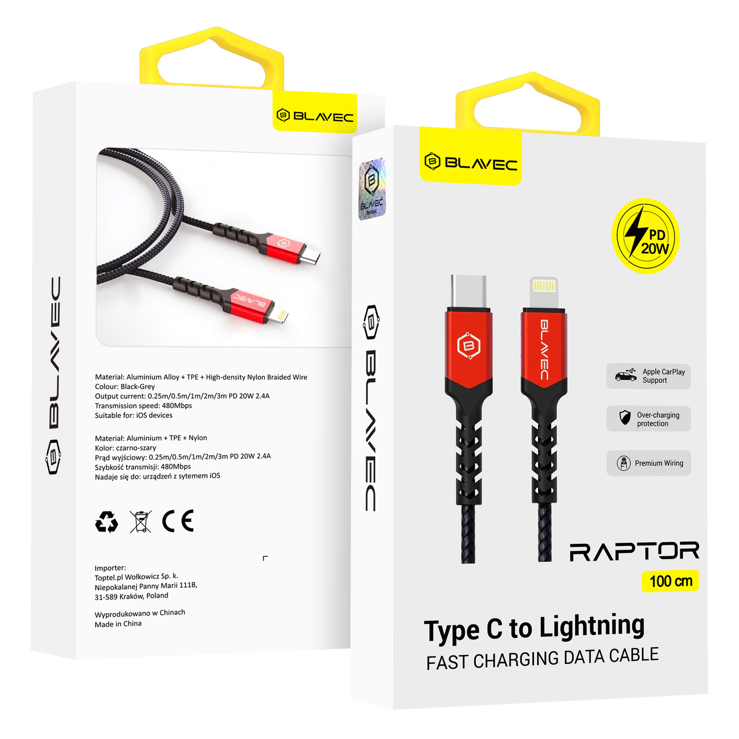 Blavec kabelis Raptor pīts - Type C uz Lightning - PD 20W 2,4A 1 metrs Apple CarPlay (CRA-CL24BR10) melns un sarkans