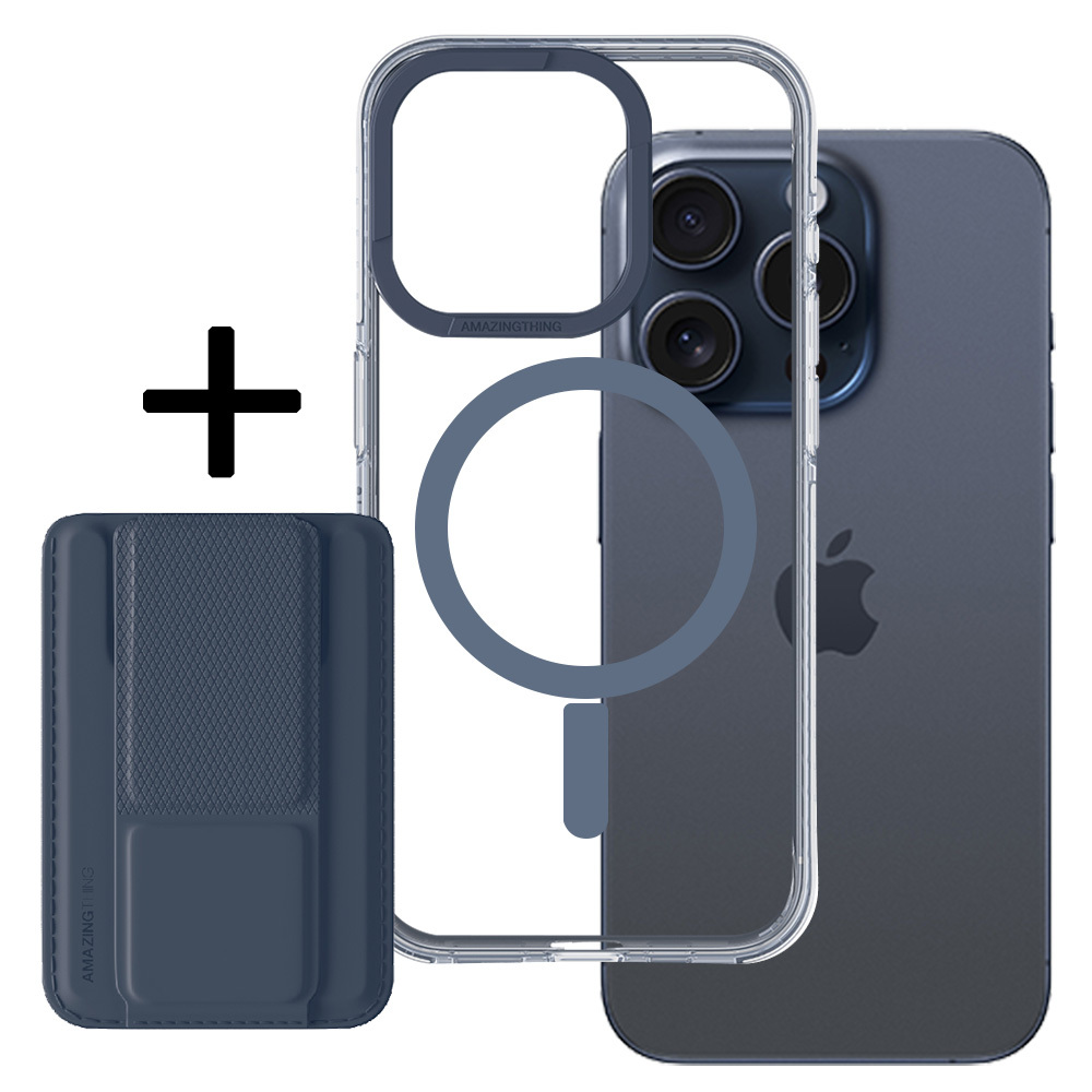 Amazing Thing Titan Pro Mag maciņa apvalks 10FT IP156.7PTWBU Iphone 15 Pro Max tumši zila ar statīvu