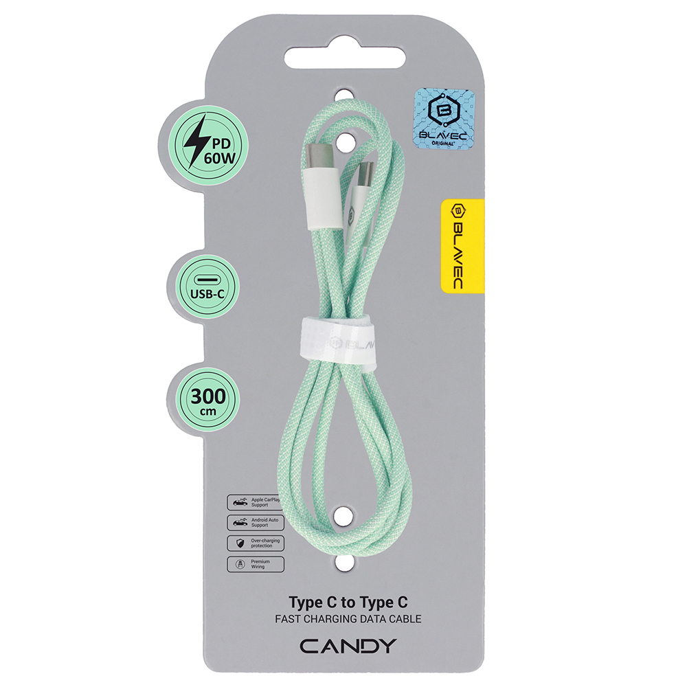 Blavec Kabelis Candy pīnēts - Type C uz Type C - PD 60W 3A 3 metri Apple CarPlay/Android Auto (CCA-CC3GN30) zaļš