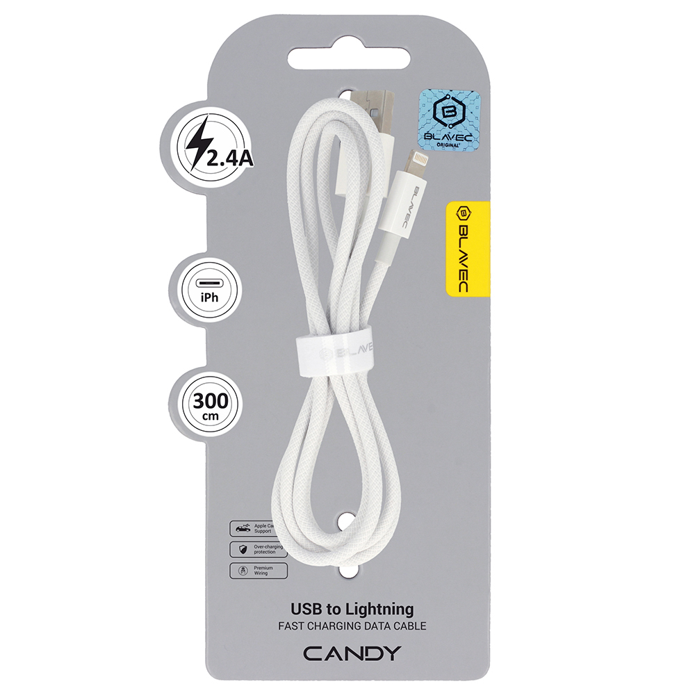 Blavec Kabelis Candy austs - USB uz Lightning - 2,4A 3 metri Apple CarPlay (CCA-UL24W30) balta