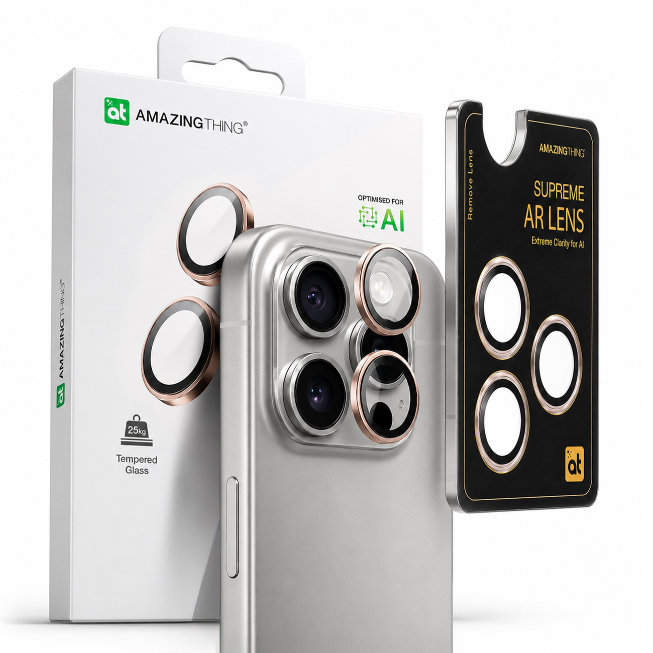AmazingThing AR alumīnija 3 objektīvu stikls ar objektīva rāmi iPhone 16 Pro / 16 Pro Max - rozā zelts