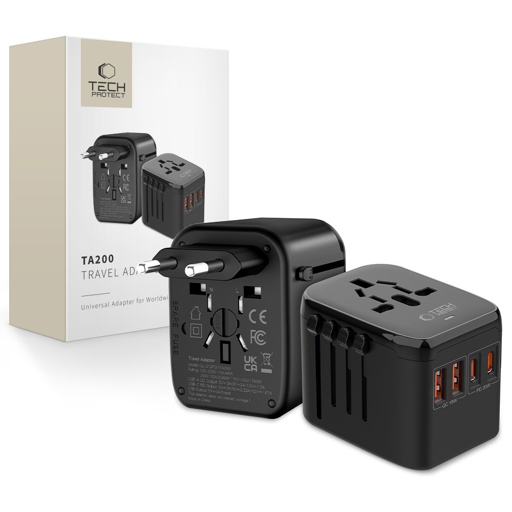 Tech-Protect TA200 EU / UK / US / AU adapteris - melns
