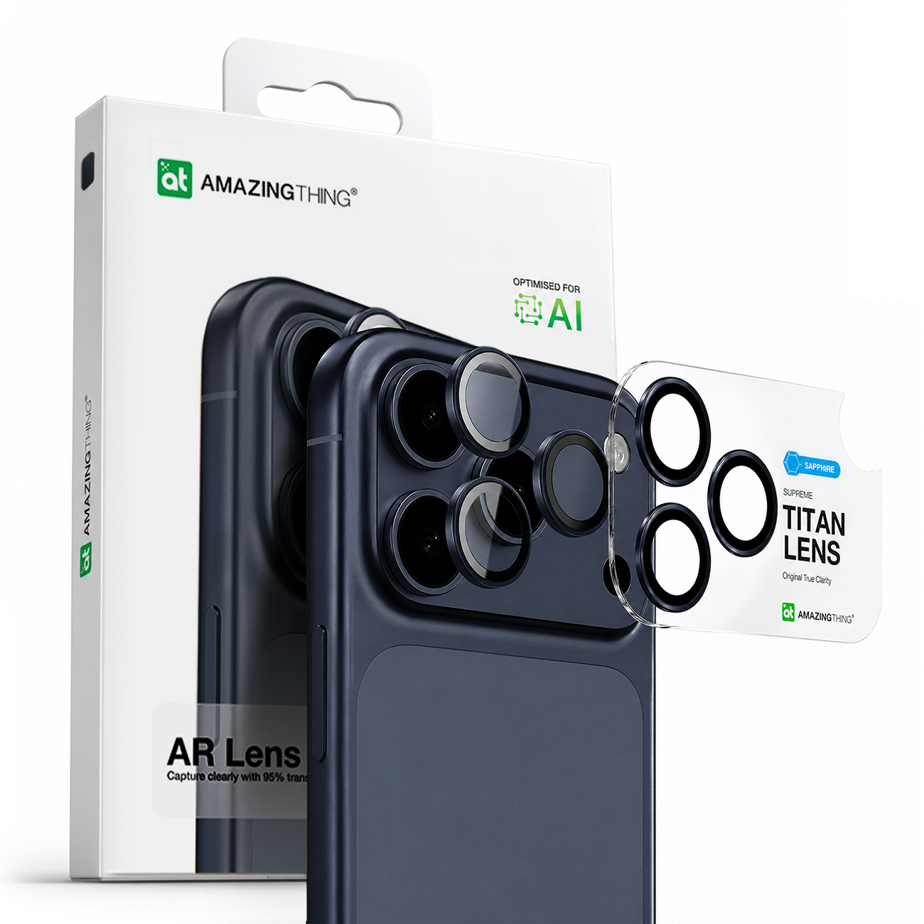 AmazingThing сапфировое стекло для камеры iPhone 17 Pro / Pro Max - с синей рамкой