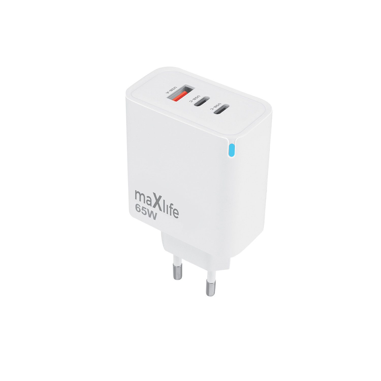 Maxlife MXTC-09-65ACC GaN PD QC lādētājs 2x USB-C 1x USB 65W balts