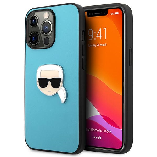 Karl Lagerfeld KLHCP13XPKMB iPhone 13 Pro Max 6,7" zils cietais maciņš Leather Ikonik Karl`s Head Metal