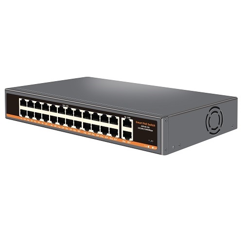 PoE komutators 24 portu 100Mbps +2G augšup