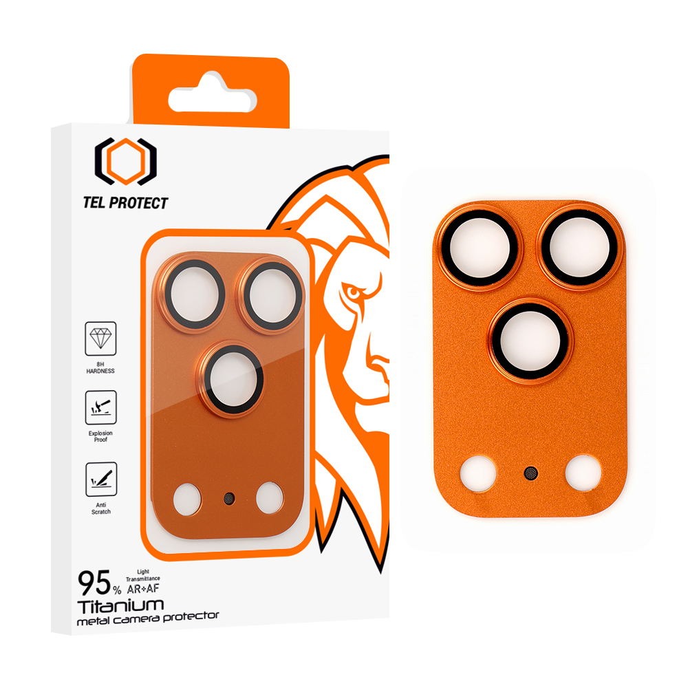 Tempered stikls Tel Protect 95% AR+AF Full Metal kameras aizsargs on camera for Iphone 17 Pro Max oranžs (camera island)