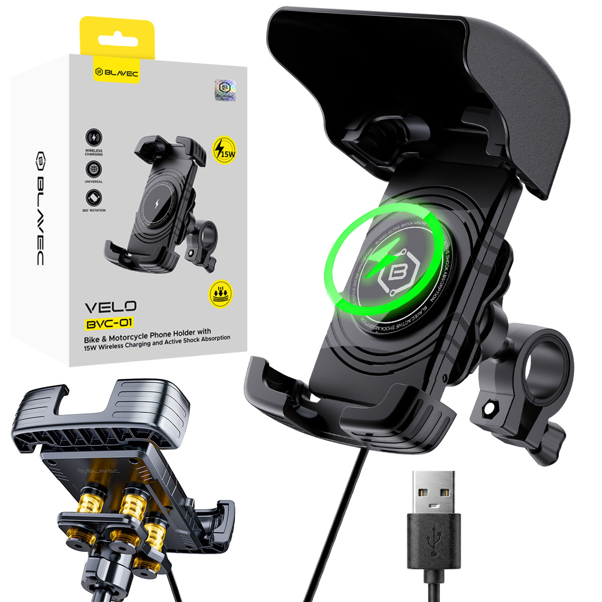 Blavec Uchwyt Rowerowy/Motocyklowy BVC-01 Velo to handlebar with induction charging and shock absorbtion (BVC01-ICSAHB) black