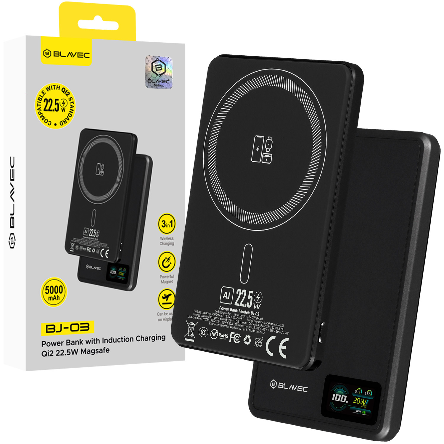 Blavec Внешний аккумулятор 5000mAh BJ-03 Ultra Slim 7,8mm - Type C - 22,5W магнитный MagSafe 3 в 1 (PBBJ03-MC5B) чёрный алюминий
