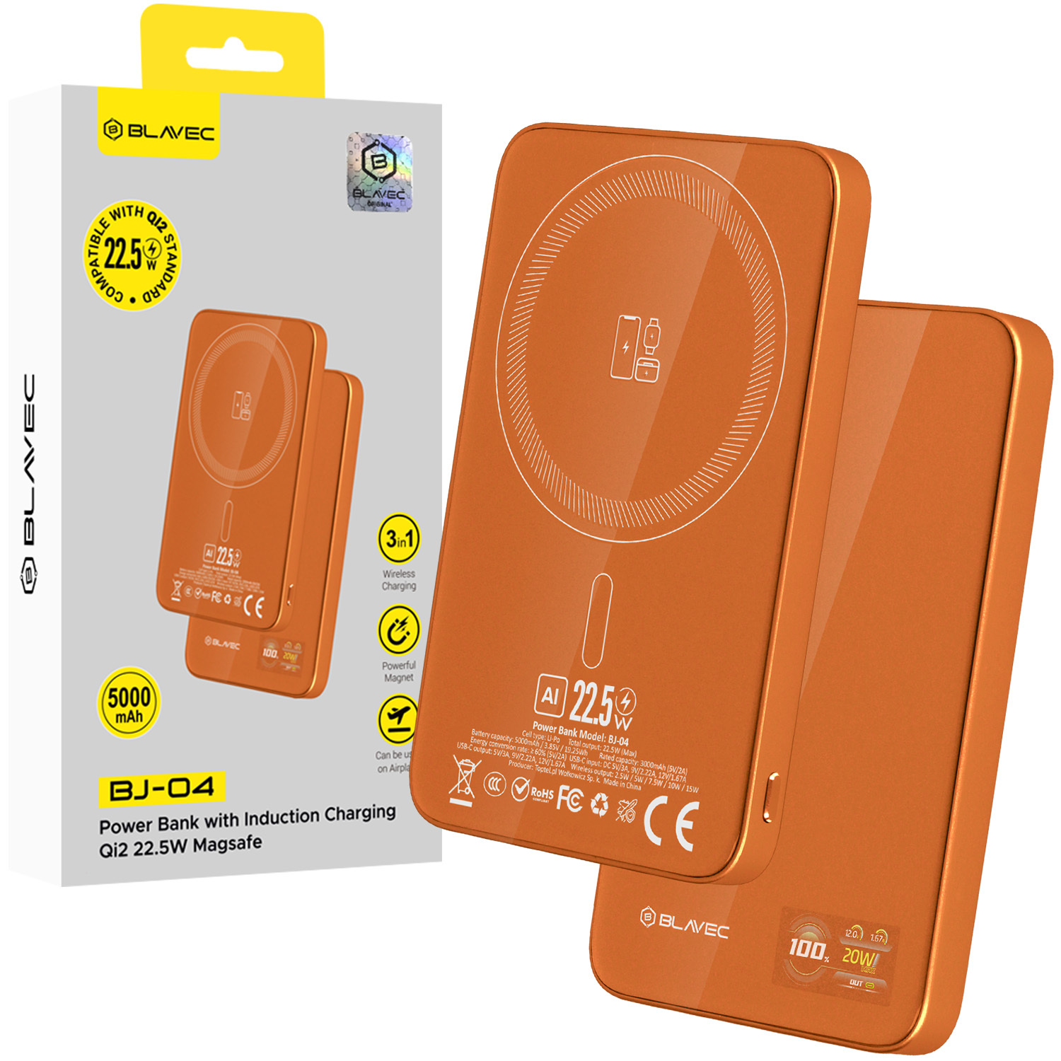 Blavec Внешний аккумулятор 5000mAh BJ-04 Ultra Slim 7,8mm - Type C - 22,5W магнитный MagSafe 3 в 1 (PBBJ04-MC5O) оранжевое стекло