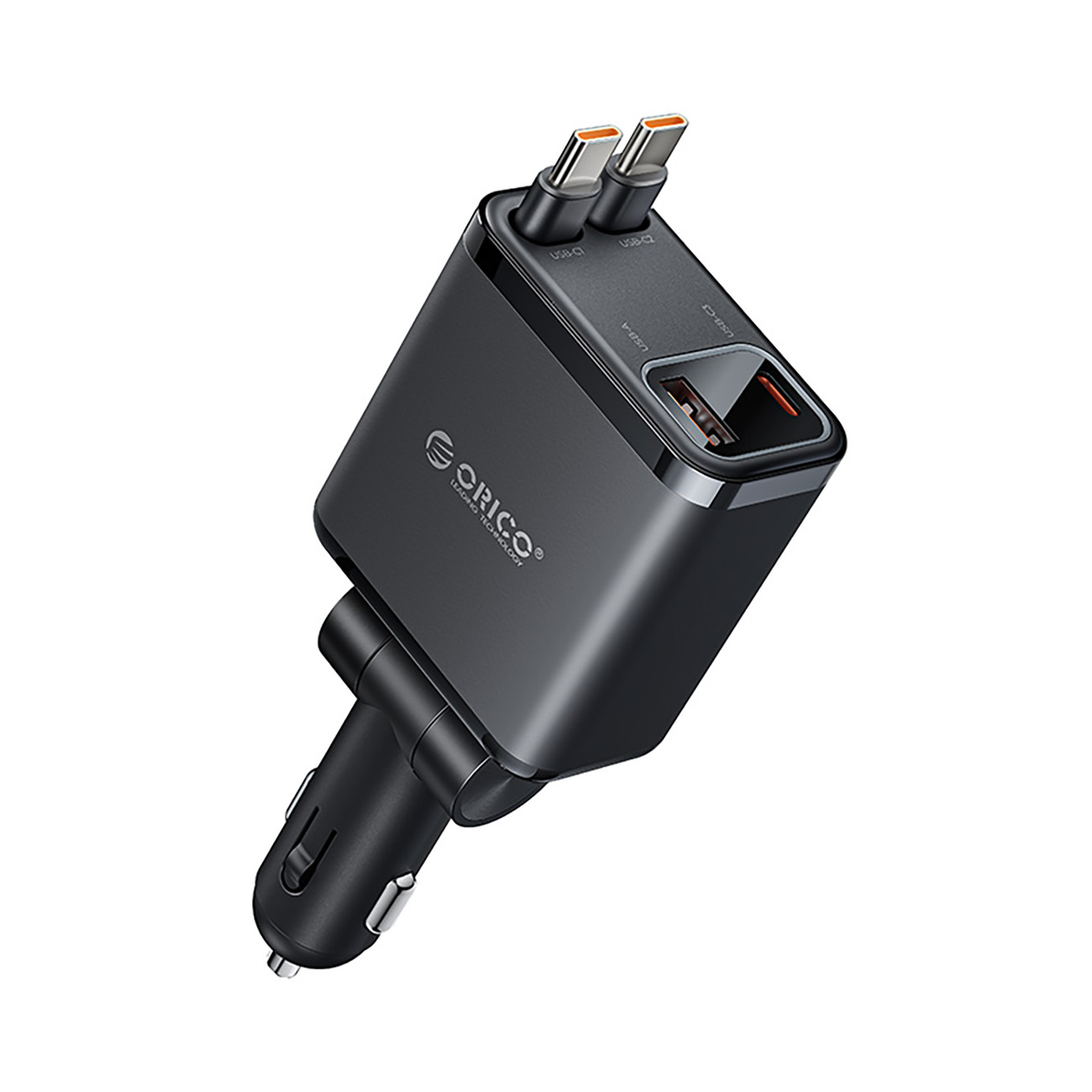 Orico Twin Reach 45W USB-A + USB-C auto lādētājs ar diviem izvelkamiem USB-C kabeļiem - melns