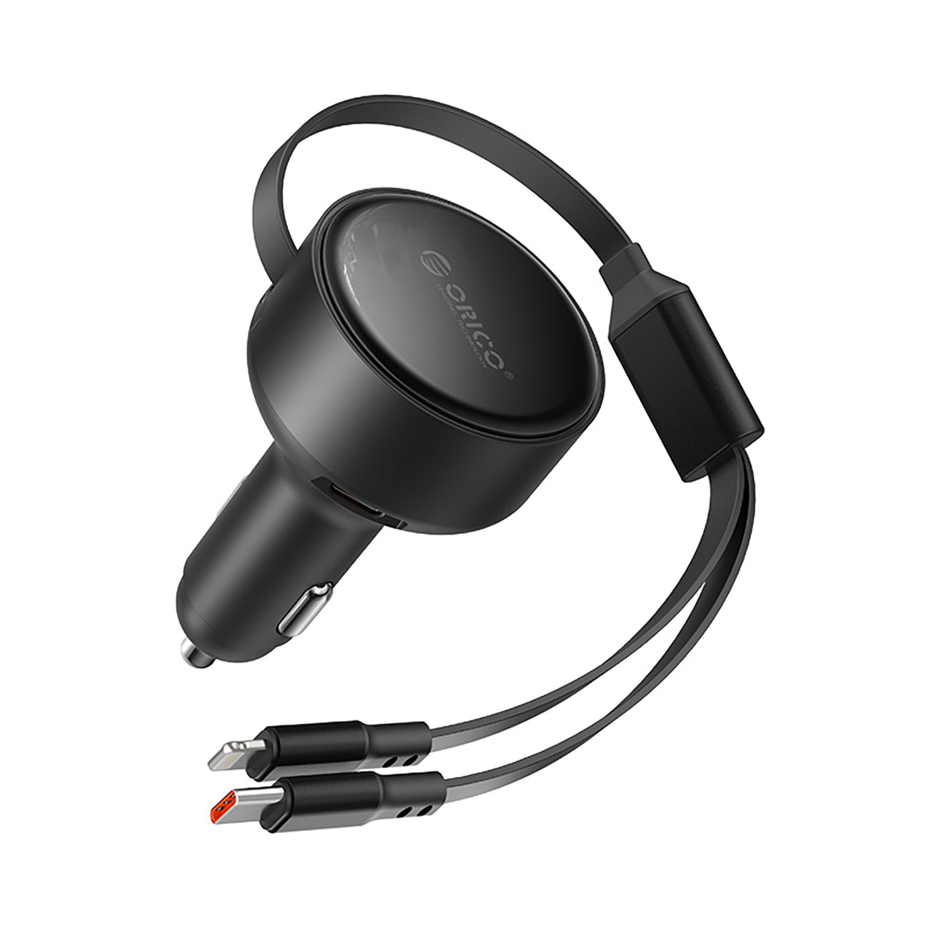 Orico Dual Stretch 60W USB-C auto lādētājs ar diviem izvelkamiem USB-C + Lightning kabeļiem - melns