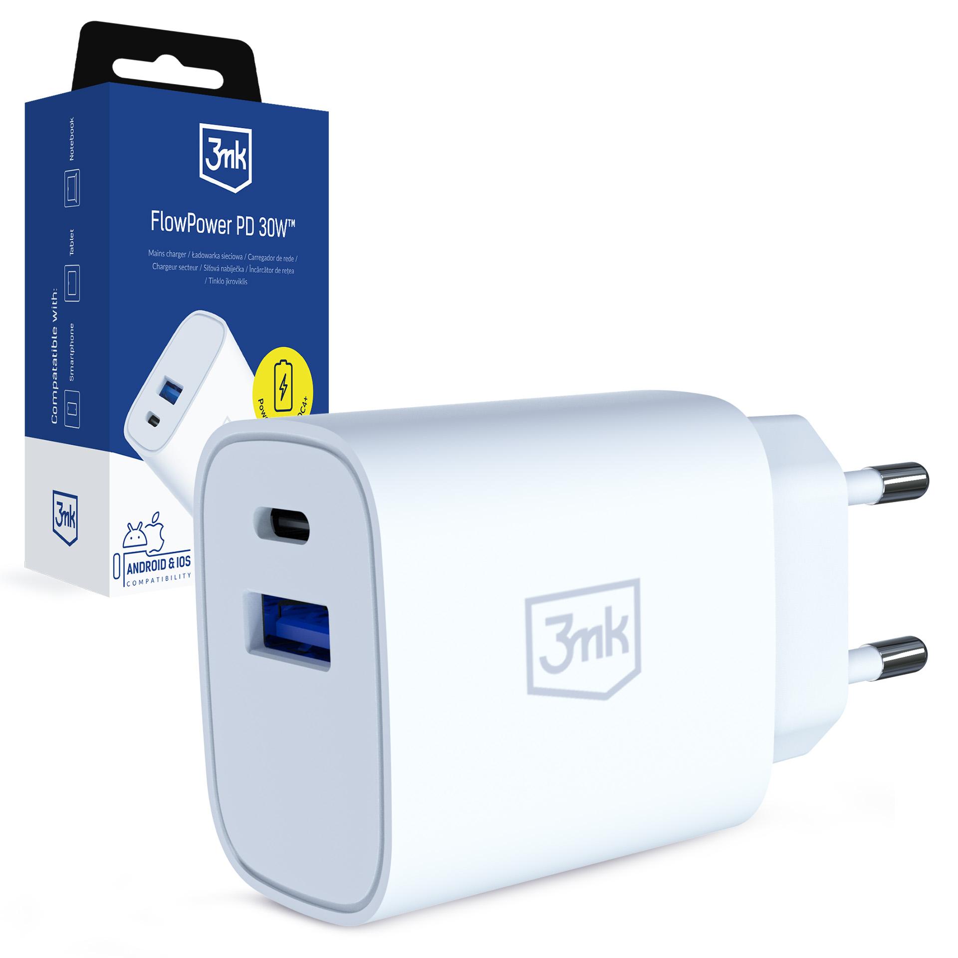 3mk FlowPower 30W 1A1C PD 3.0 QC4+ sienas lādētājs - balts
