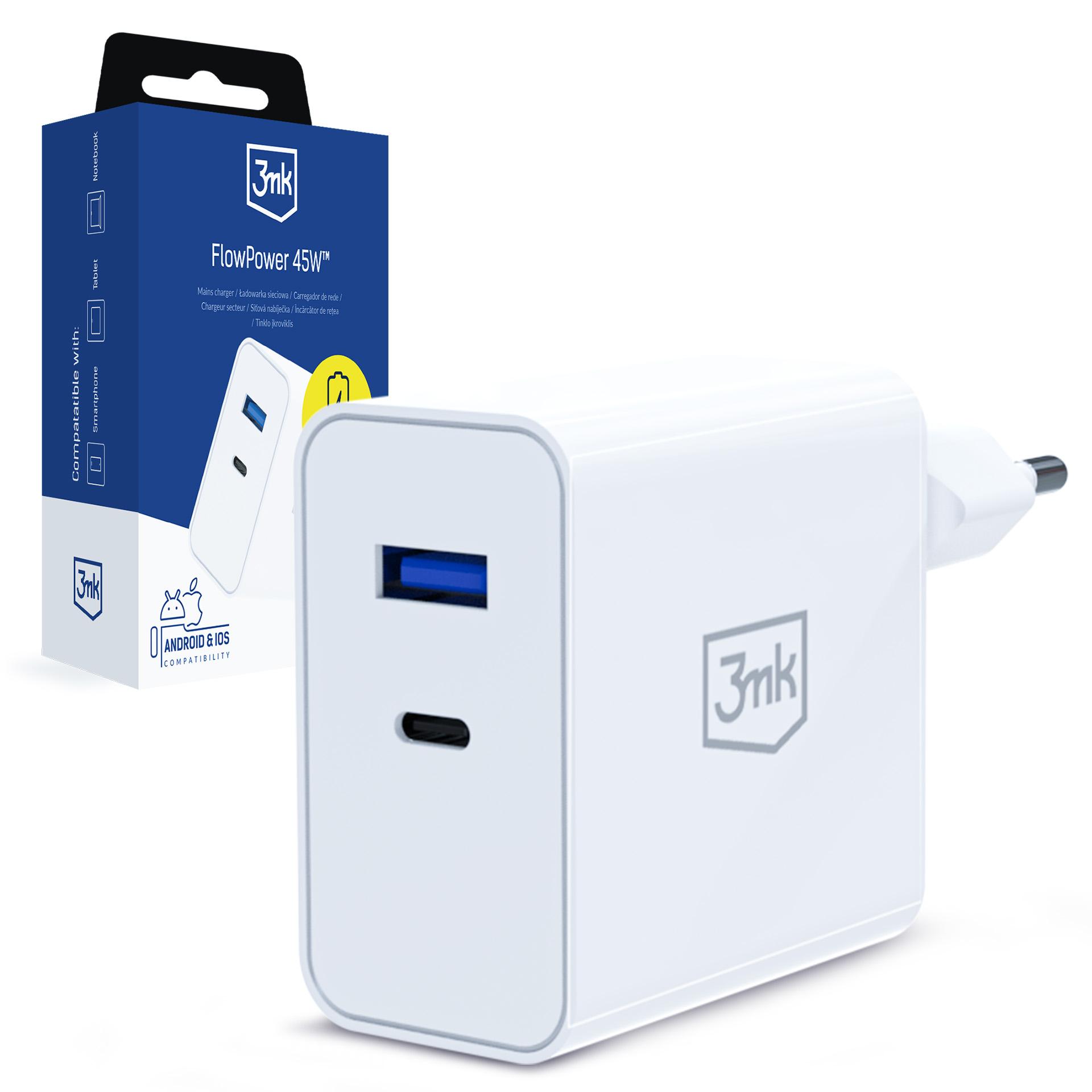 3mk FlowPower 45W 1A1C PD3.0 QC4+ sienas lādētājs - balts
