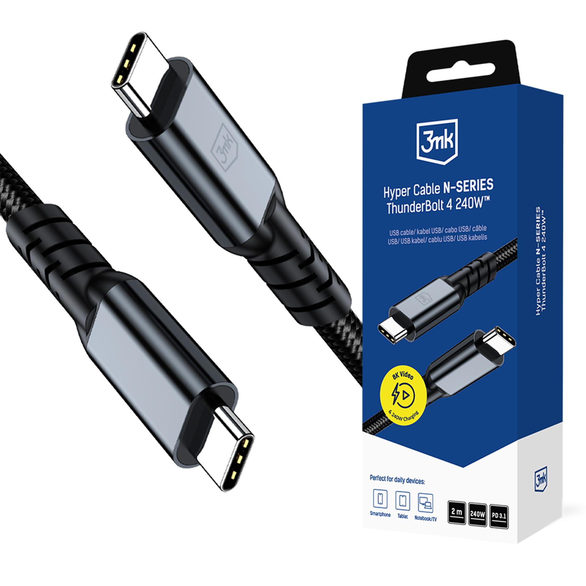 3mk Hyper Cable N-SERIES USB-C / USB-C Thunderbolt 4 2m 48V / 5A 40Gb/s 240W 8K60Hz - melns