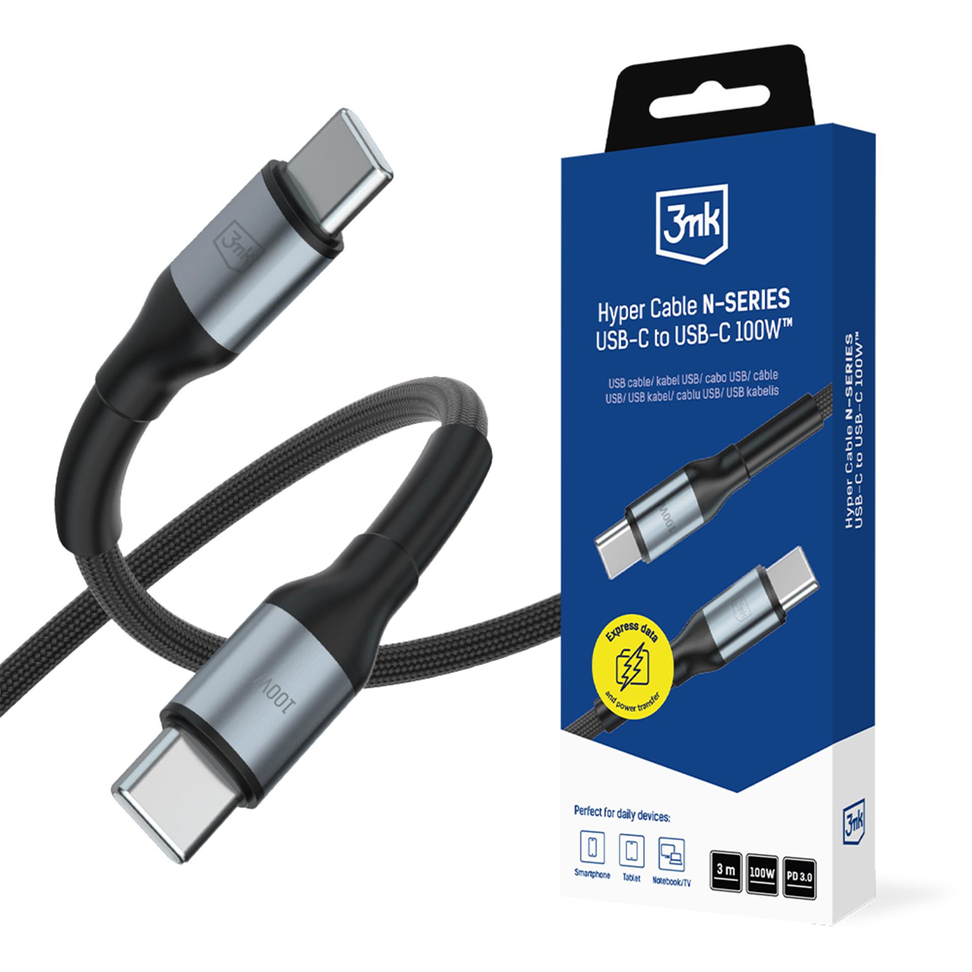 3mk Hyper Cable N-SERIES USB-C / USB-C 3m PD 3.0 QC 3.0 20V / 5A 100W - melns
