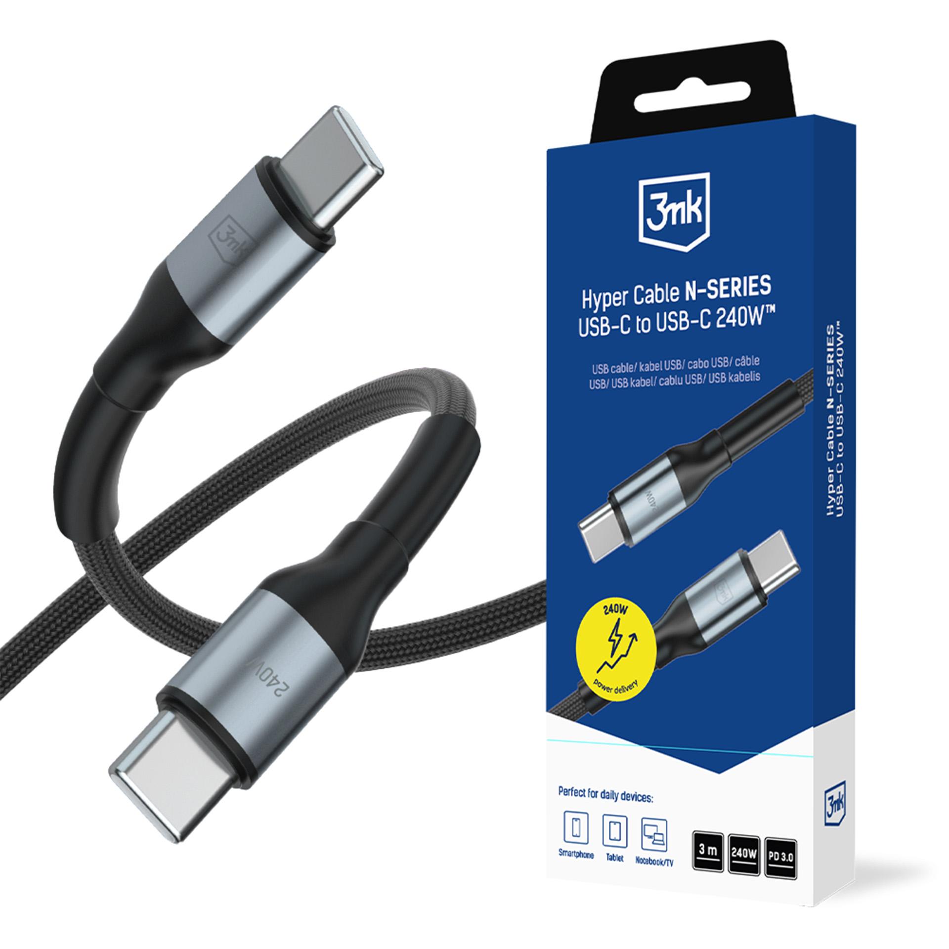 3mk Hyper Cable N-SERIES USB-C / USB-C 3m PD 3.0 QC 3.0 48V / 5A 240W - melns