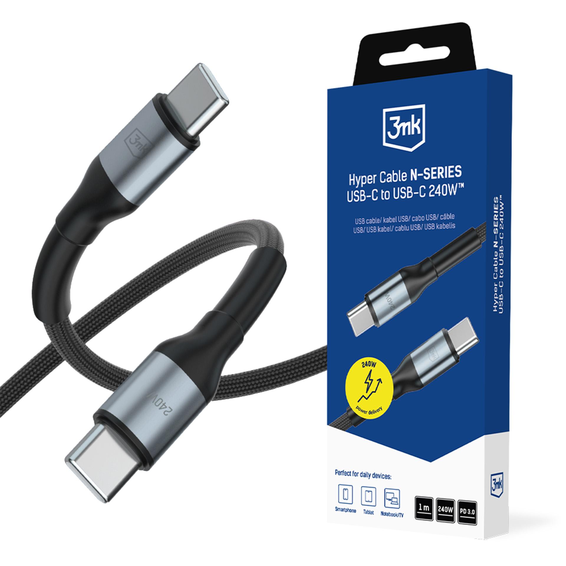 3mk Hyper Cable N-SERIES USB-C / USB-C 1m PD 3.0 QC 3.0 48V / 5A 240W - melns