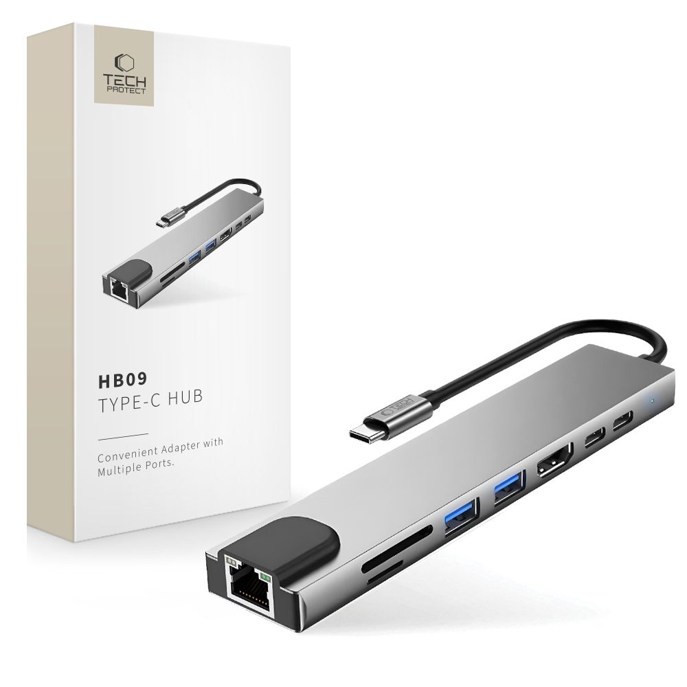 Tech-Protect HB09 USB centrmezgls 8in1 TYPE-C + USB-A 3.0 + USB-C 3.0 + HDMI 4K 60HZ + SD/TF + PD100W + RJ45 1000 MB/S - pelēks