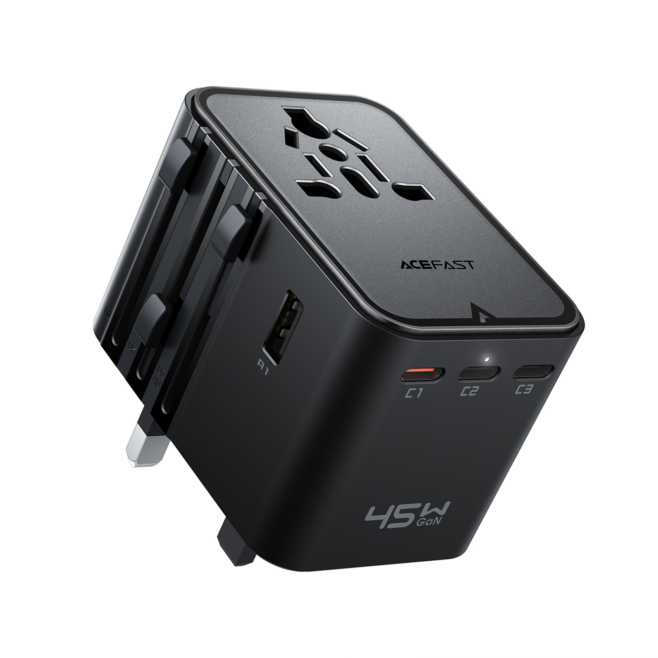 Acefast Z8 GaN 45W ceļojumu adapteris 3x USB-C + 2x USB-A ceļojumu tīkla lādētājs ar 2500W AC kontaktu - melns