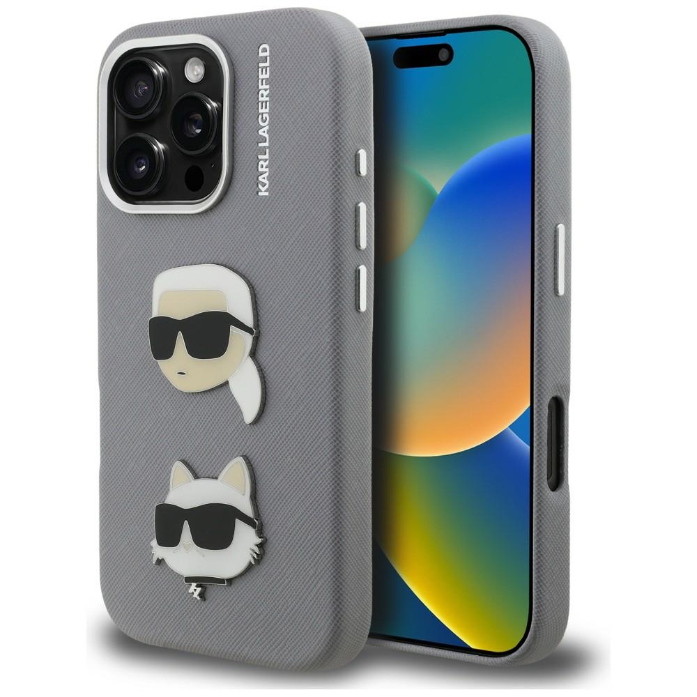 Karl Lagerfeld FW Grained Karl & Choupette Heads Pins Maciņš iPhone 16 Pro Max - pelēks