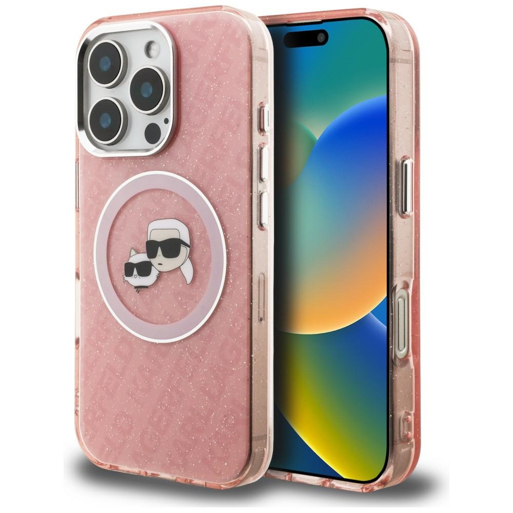 Karl Lagerfeld IML Glitter Karl & Choupette Heads Logo MagSafe maciņš iPhone 16 Pro Max - rozā