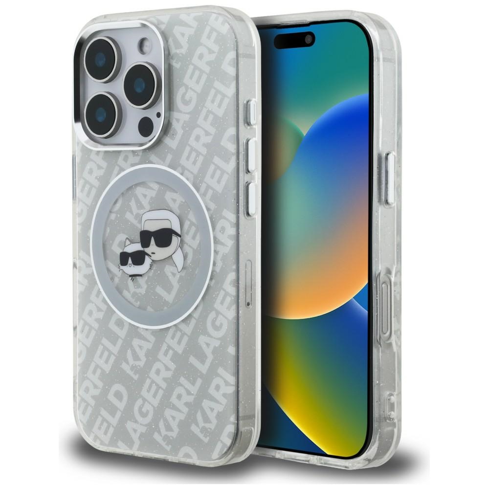 Karl Lagerfeld IML Glitter Karl & Choupette Heads Logo MagSafe maciņš iPhone 16 Pro - pelēks