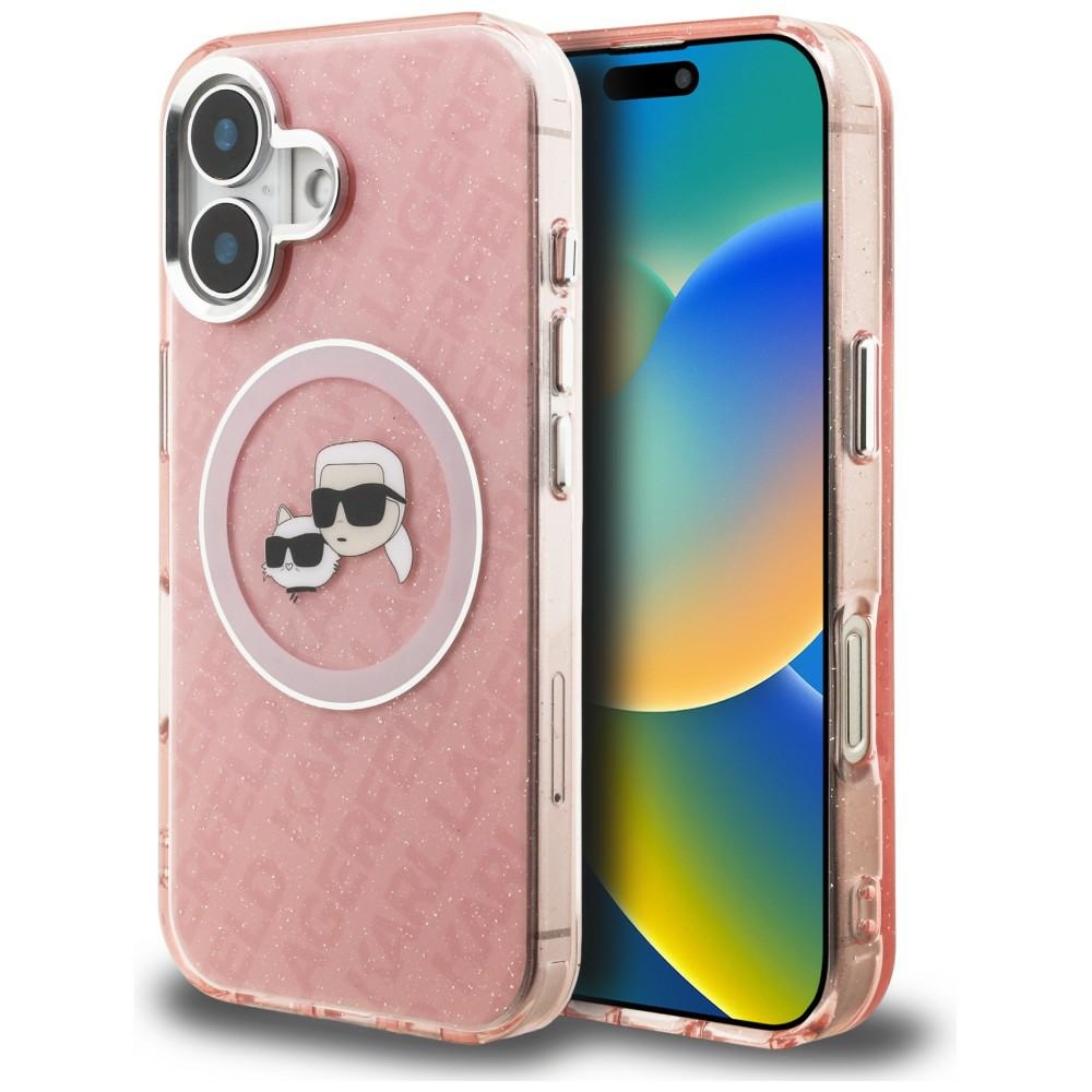 Karl Lagerfeld IML Glitter Karl & Choupette Heads Logo MagSafe maciņš iPhone 16 - rozā