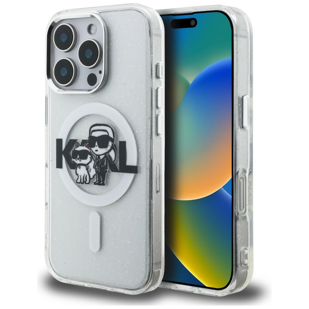 Karl Lagerfeld IML Glitter Karl & Choupette Sketch Logo MagSafe maciņš iPhone 16 Pro Max - caurspīdīgs