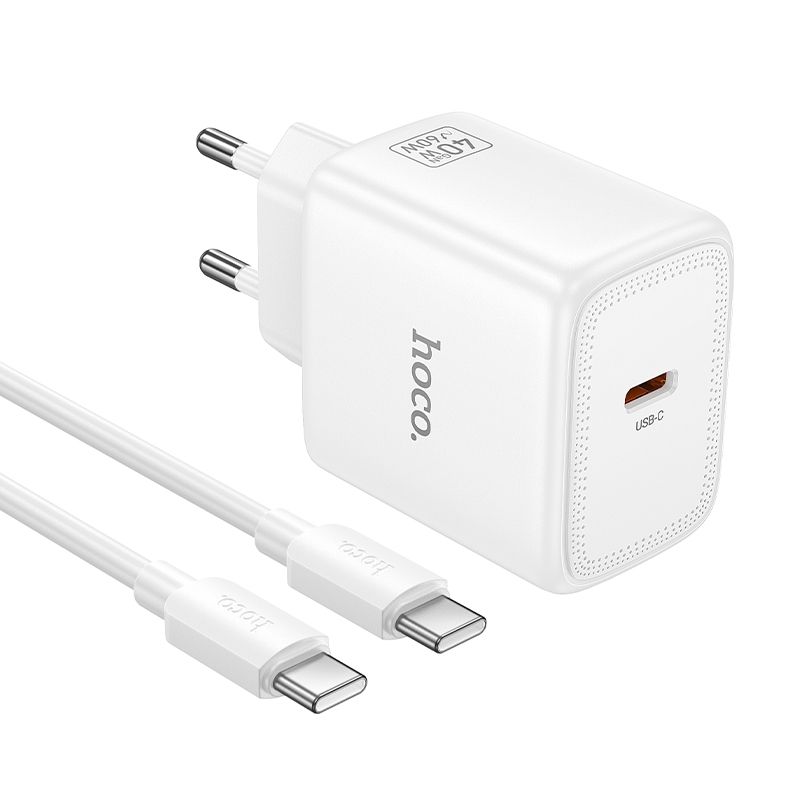 Telefona GaN lādētājs Hoco USB C PD AVS 40W max 60W ar USB C uz USB C kabeli N83 balts