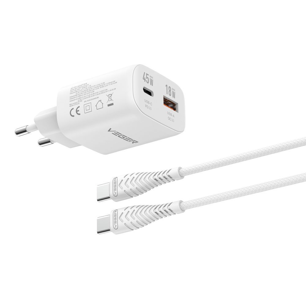 Tālruņa lādētājs VEGER USB A + Type C PD Super Charge PPS 45W + datu kabelis Type C uz C 100W TR101 balts