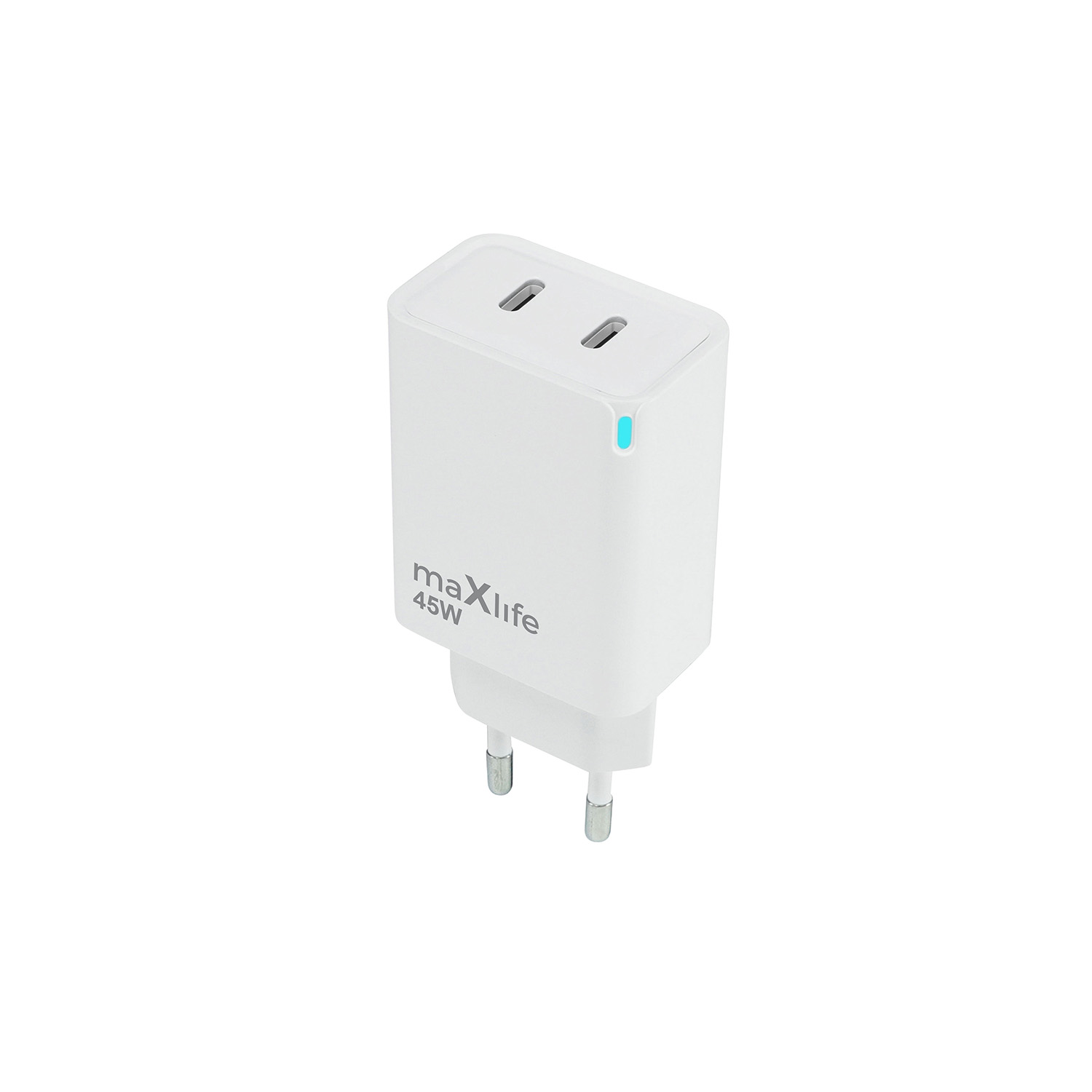 Maxlife MXTC-09-45CC GaN PD QC lādētājs 2x USB-C 45W balts