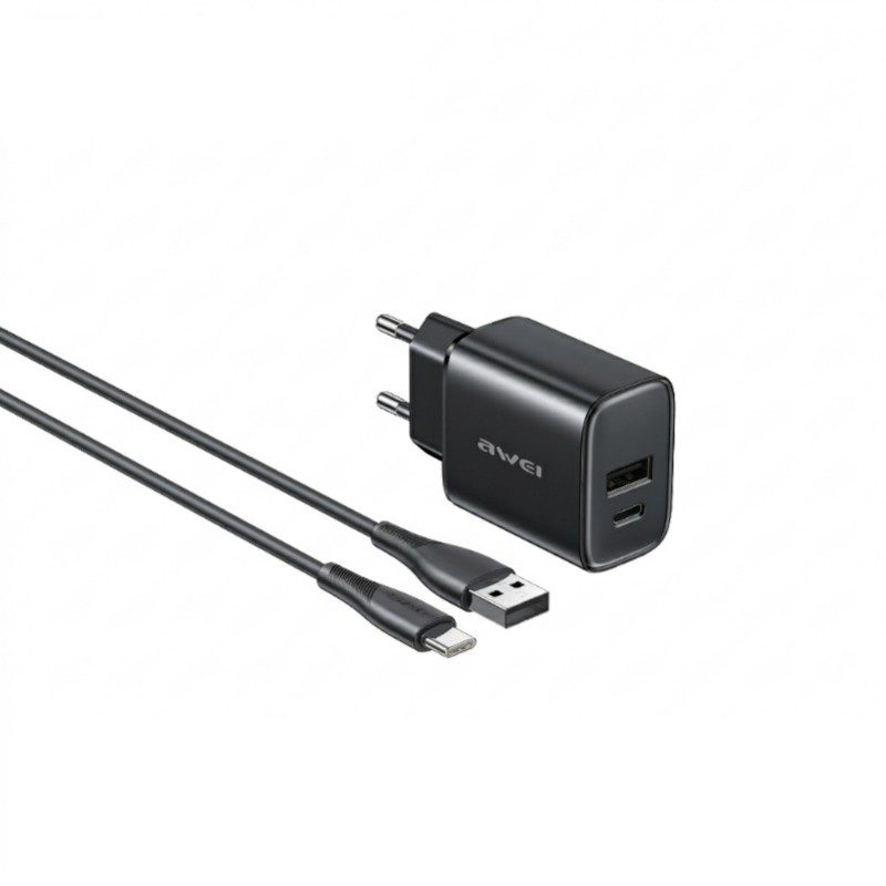 Зарядное устройство Awei PD85T-EU 22.5W USB-A/USB-C + кабель USB-A на USB-C 1.0m черный