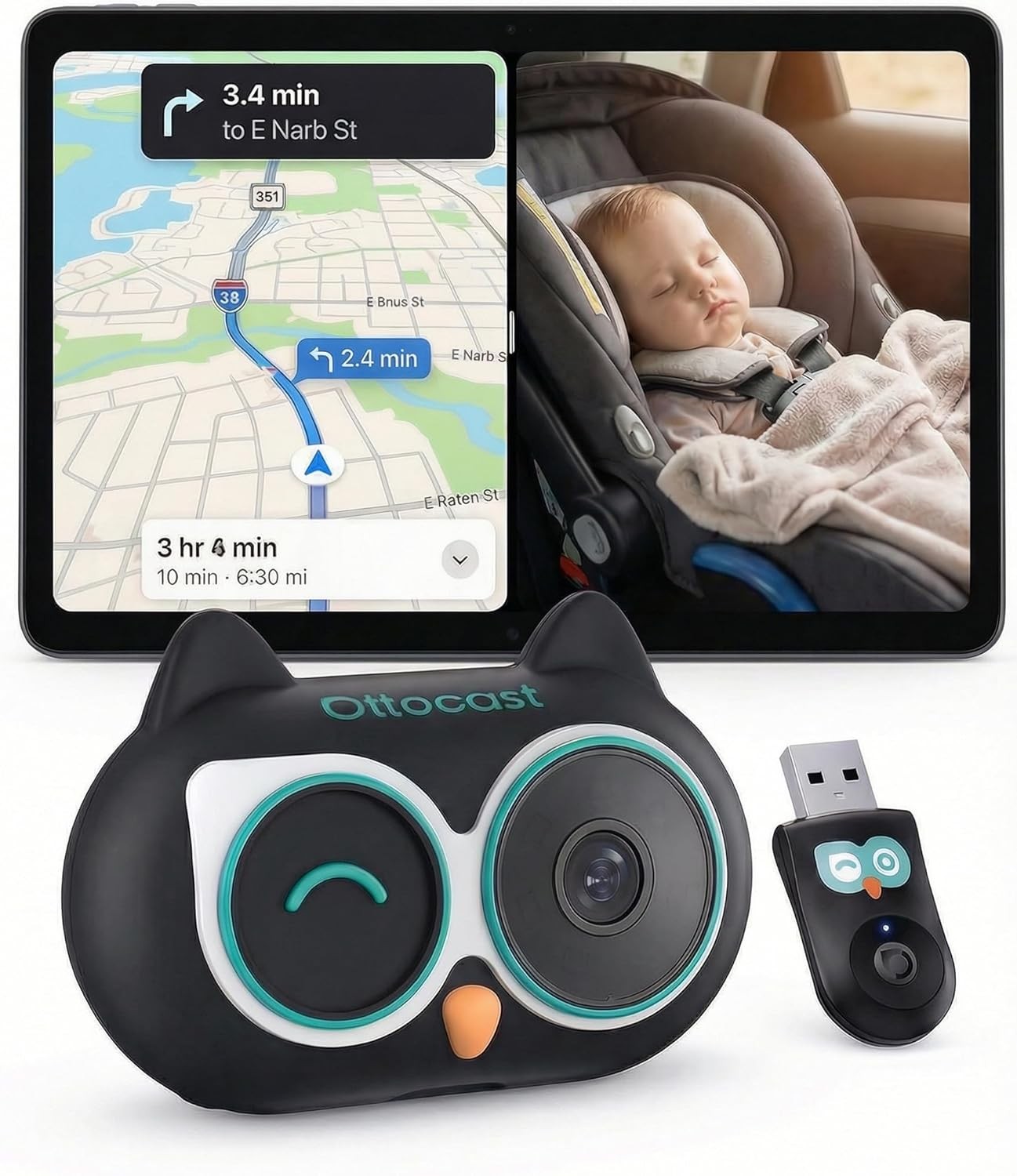 Ottocast Cabin Care bezvadu CarPlay adapteris ar mobilā mazuļa monitora funkciju melns CA520-T